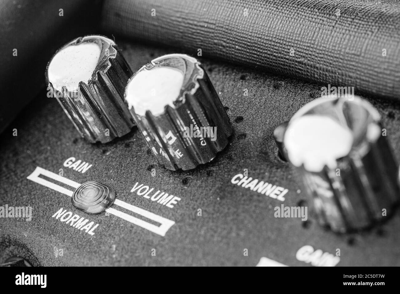 Guitar Amplifier Control Knobs. Sound equipment. Music concert. Details of the music amplifier. Stock Photo