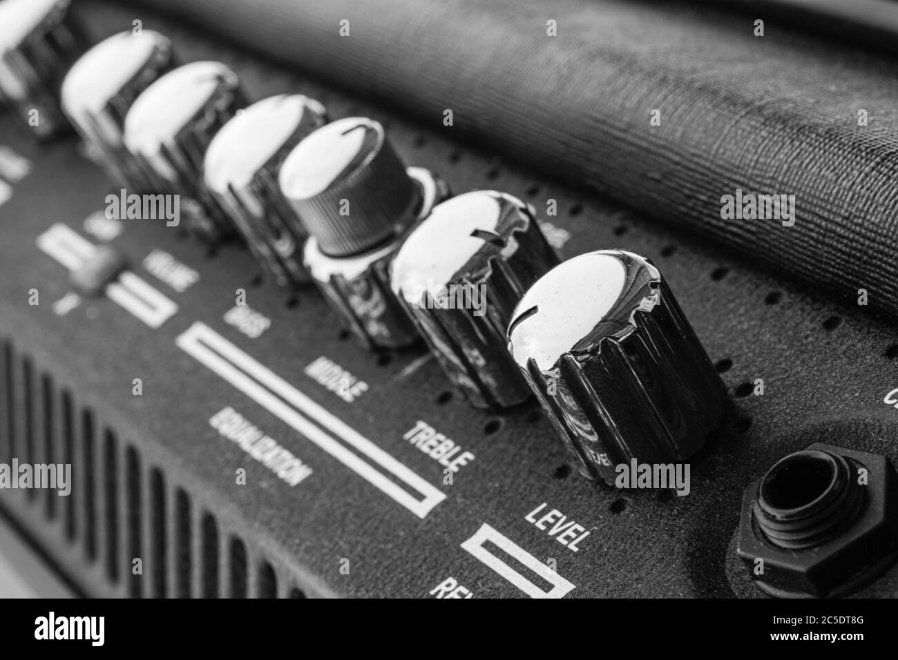 Guitar Amplifier Control Knobs. Sound equipment. Music concert. Details of the music amplifier. Stock Photo