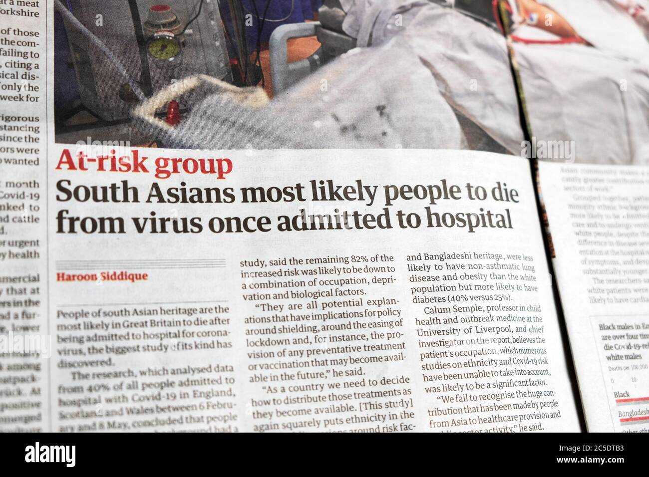 ' 'At risk group' 'South Asians most likely people to die from virus once admitted to hospital' article in Guardian newspaper 20 June 2020 London UK Stock Photo
