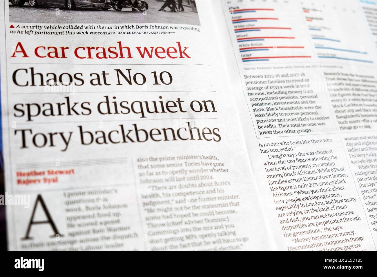 ' 'A car crash week' 'Chaos at No. 10 sparks disquiet on Tory backbenches'  in Guardian newspaper 20 June 2020 London UK Stock Photo