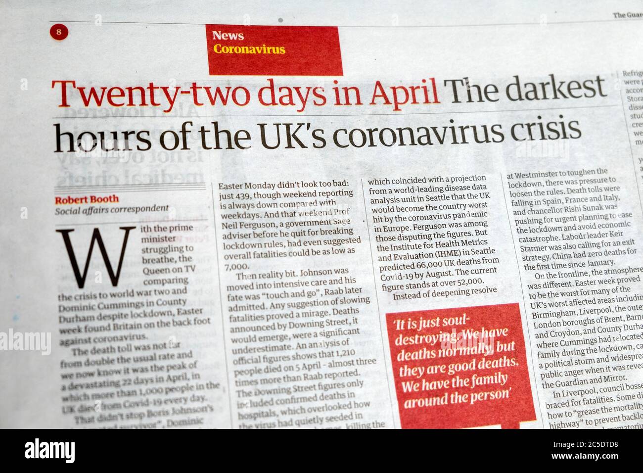 ' 'Twenty-two days in April' The darkest hours of the UK's coronavirus crisis' news article inside page Guardian newspaper 20 June 2020 UK Stock Photo