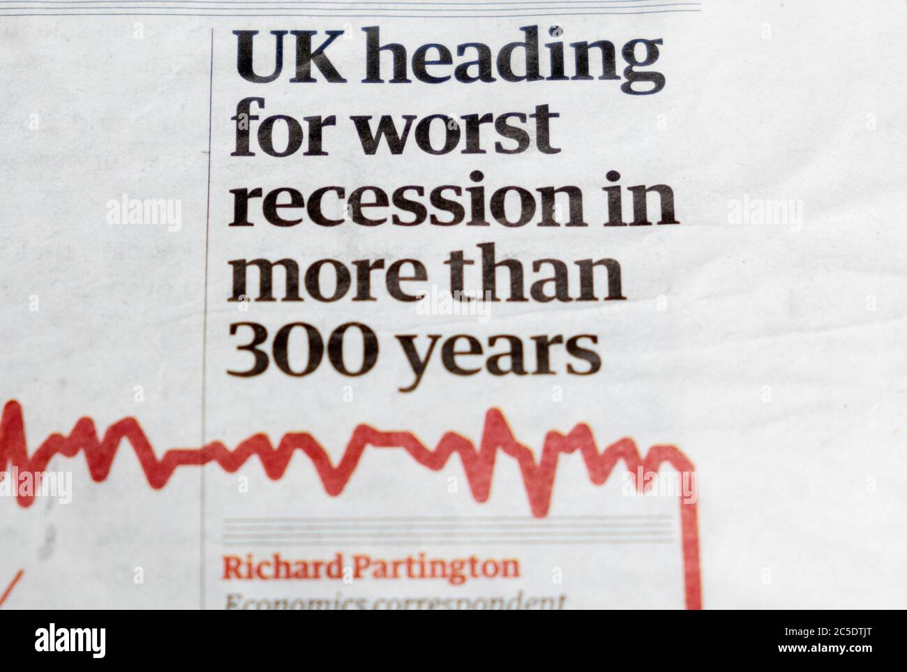 Newspaper headline on front page of The Guardian paper 'UK heading for worst recession in more than 300 years'  13 June 2020 London UK Stock Photo