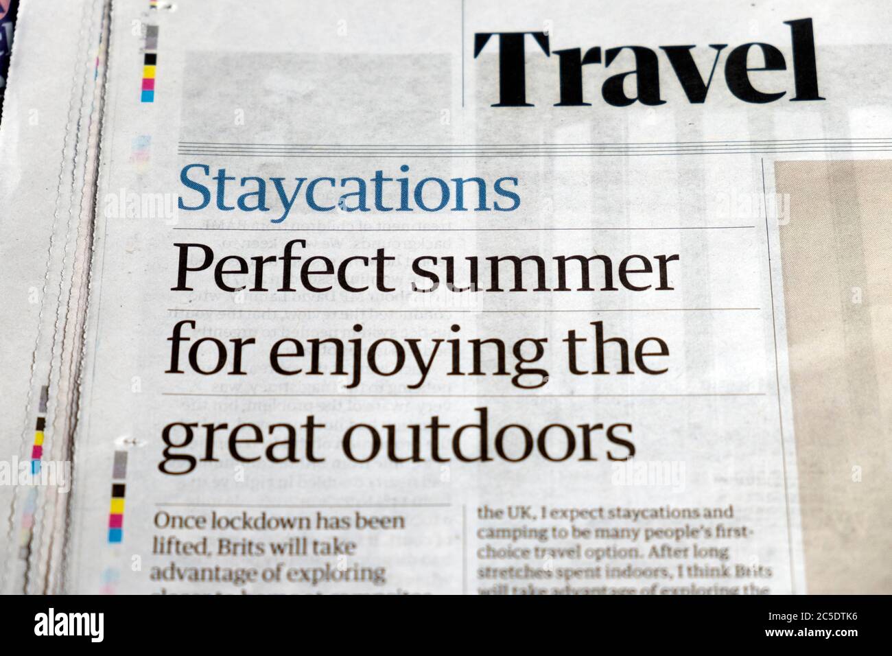 Newspaper headline Travel section of The Guardian paper "Staycations