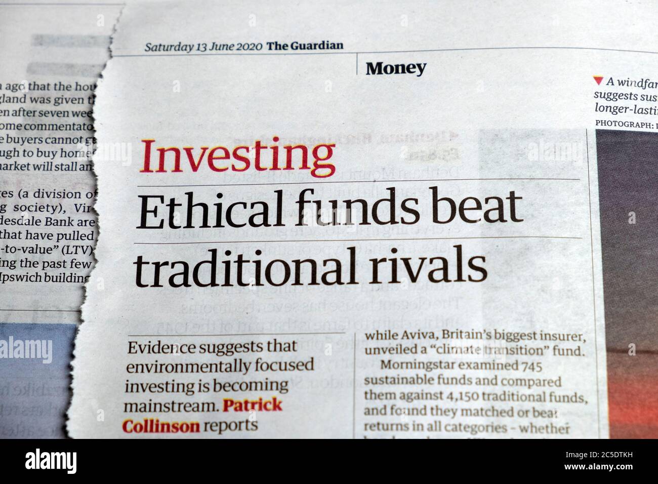 Newspaper article in Money section of The Guardian paper 'Investing Ethical funds beat traditional rivals'  13 June 2020 London England  UK Stock Photo