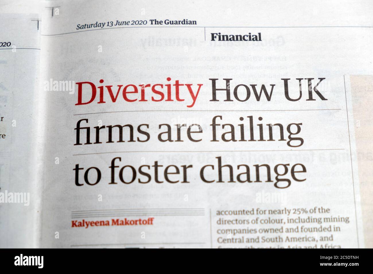 Financial section article in The Guardian newspaper "Diversity How UK firms are failing to foster change"  13 June 2020 London England UK Stock Photo
