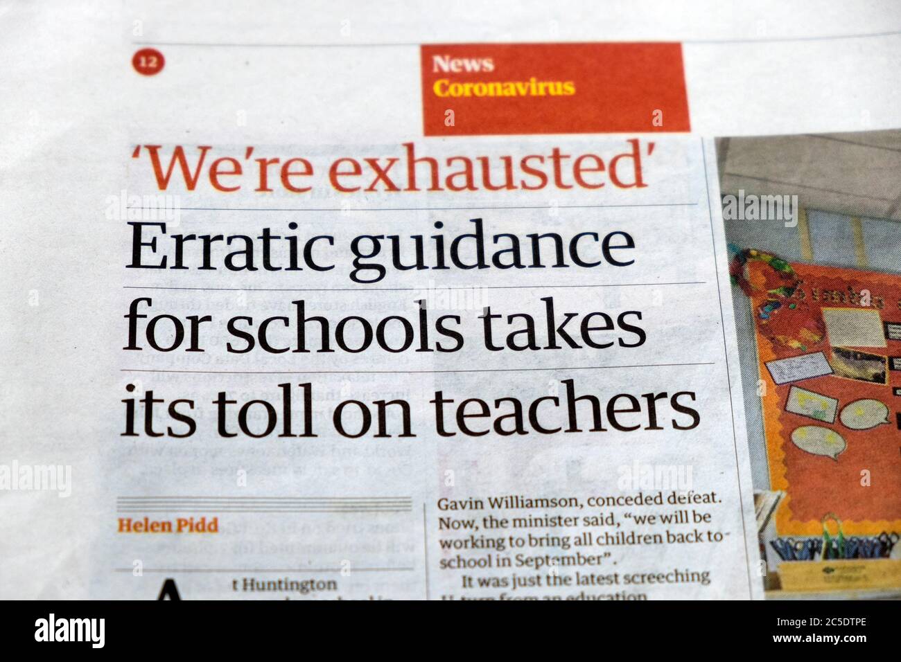 ' 'We're exhausted' Erratic guidance for schools takes its toll on teachers' Coronavirus news article inside page Guardian newspaper 13 June 2020 UK Stock Photo