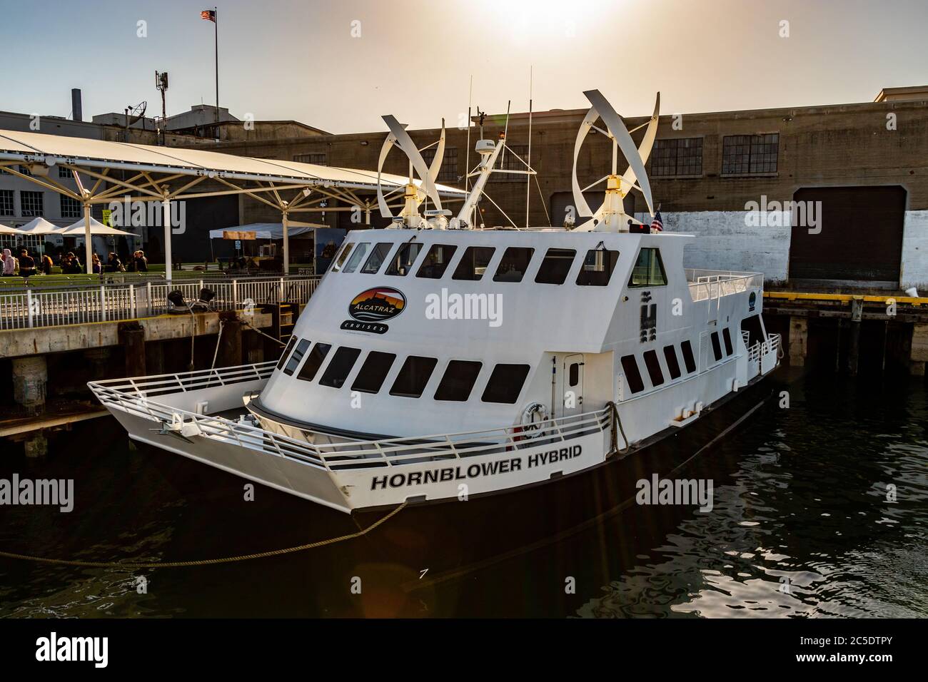 View of the Hornblower Hybrid boat belonging to Alcatraz Cruises Stock Photo
