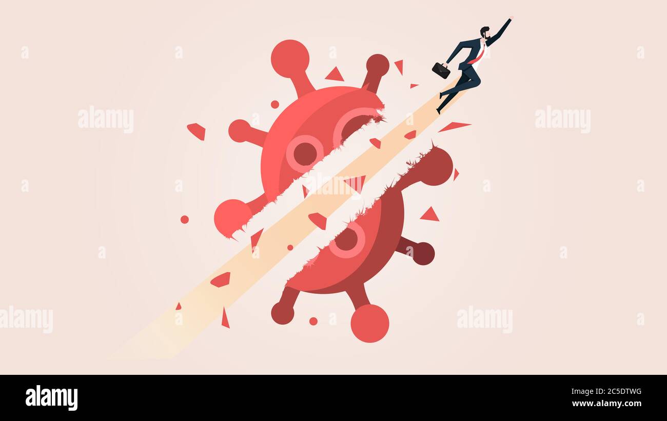 Businessman Fly Breakthrough Coronavirus Crisis. Business People Move on in the Coronavirus 2019 or Covid-19 Crisis Effect Concept. Conceptual Vector Stock Vector