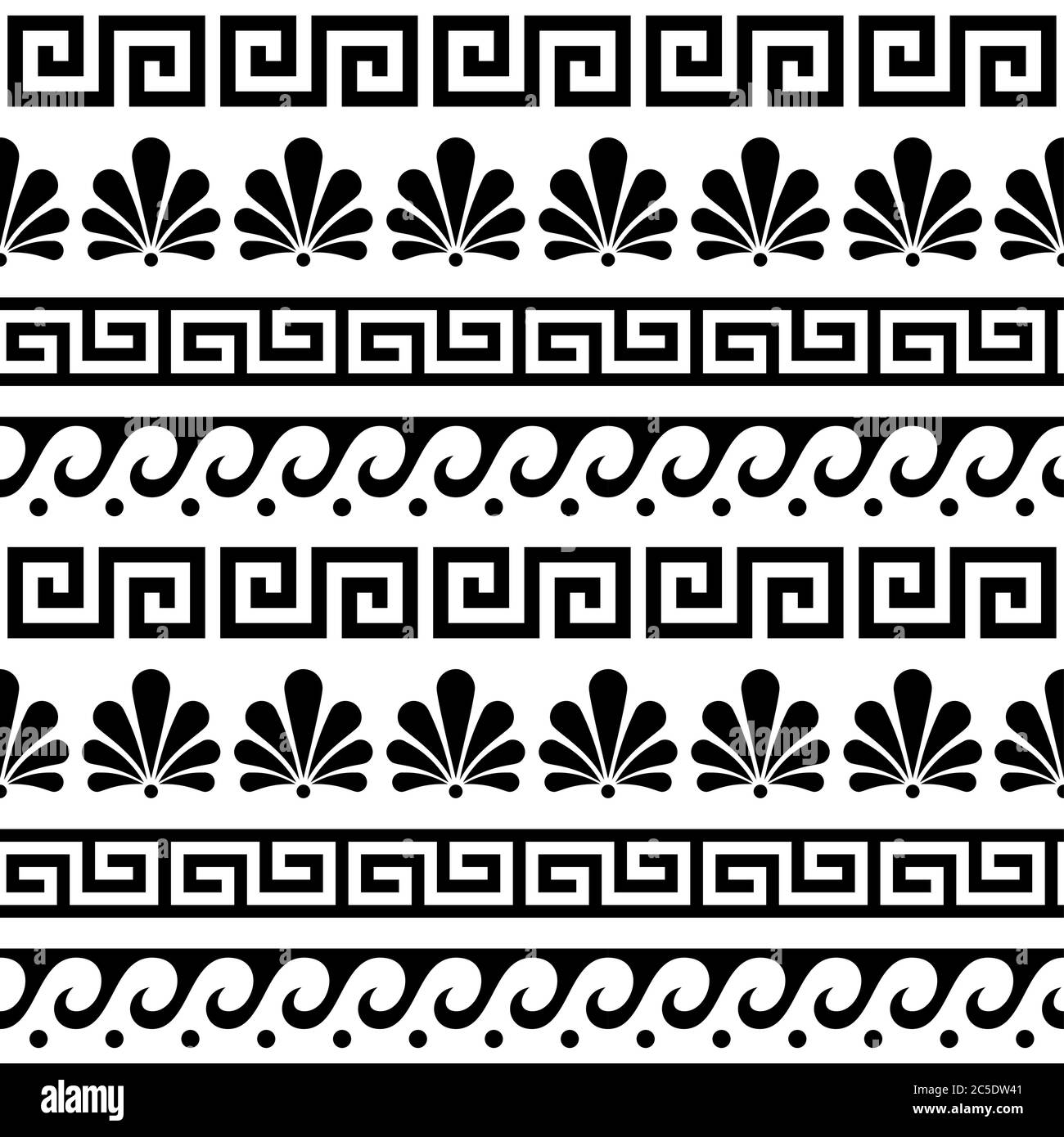 Greek ancient seamless vector pattern set - floral and geometric repetitive ornament, key pattern in black and white Stock Vector