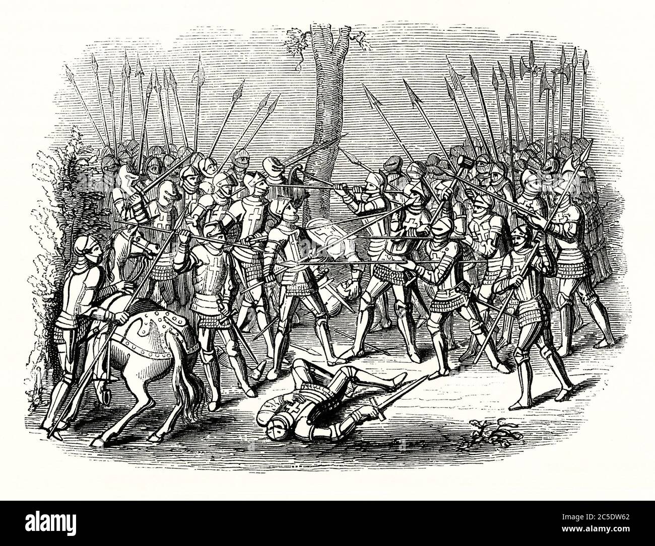 An old engraving showing soldiers or knights in a 'Melee' during the Middle Ages. Melee (or mêlée or melée) is a type of mock combat in medieval tournaments. The 'melee' was where two teams of horsemen or soldiers on foot clashed in formation. The aim was to push their opponents back or break their ranks. The melee or 'buhurt' was the main form of tournament combat during the 12th and 13th centuries before jousting gained popularity. Stock Photo