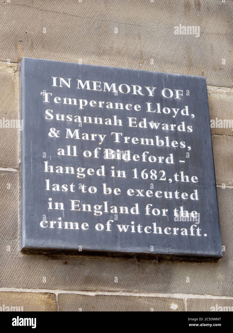 Plaque commemorating the 3 Bideford women hanged for witchcraft 1682. Devon, UK. Stock Photo