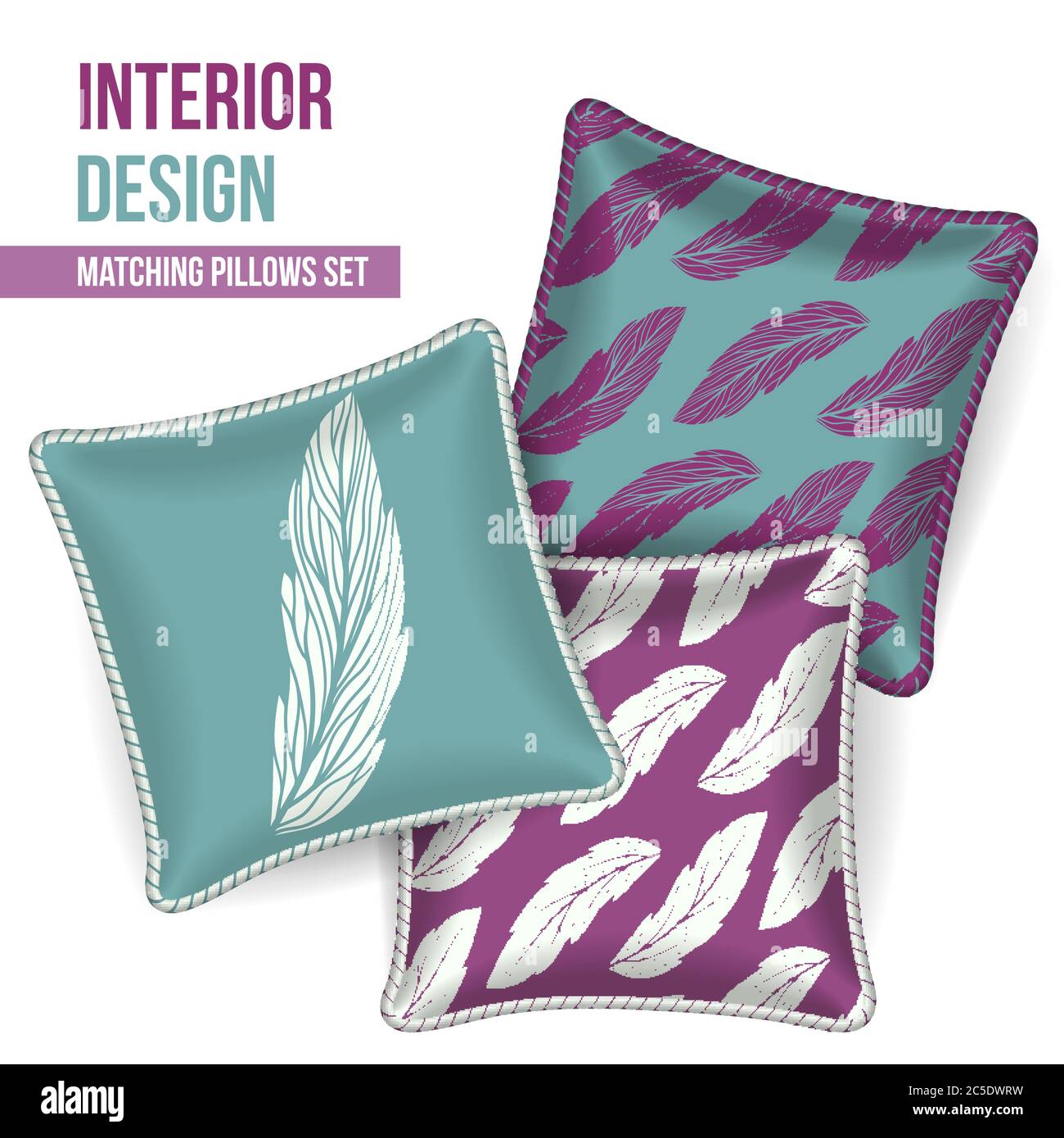 Set of 3 matching decorative pillows for interior design (white