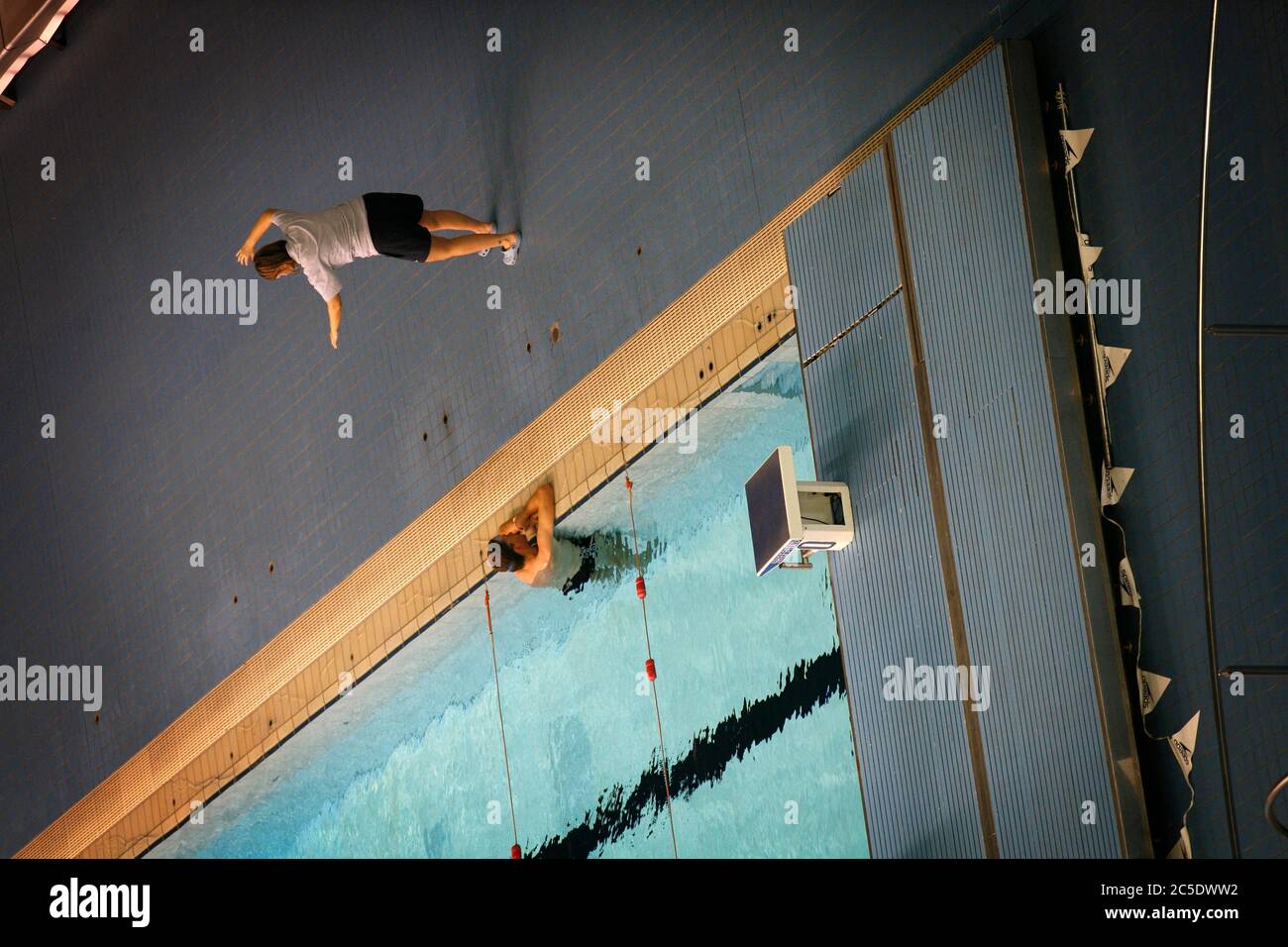 Journalist Ed Douglas taking swimming lessons at Sheffields' Ponds