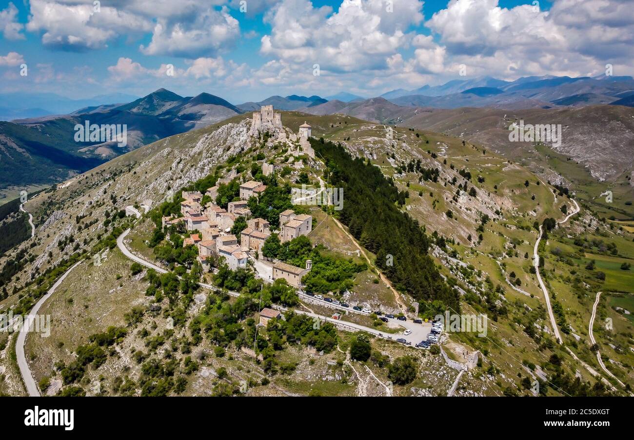 Ancient Medieval castle of Rocca Calascio and the medieval village of Calascio, l'Aquila district, Abruzzo, Italy - Panoramic view Stock Photo