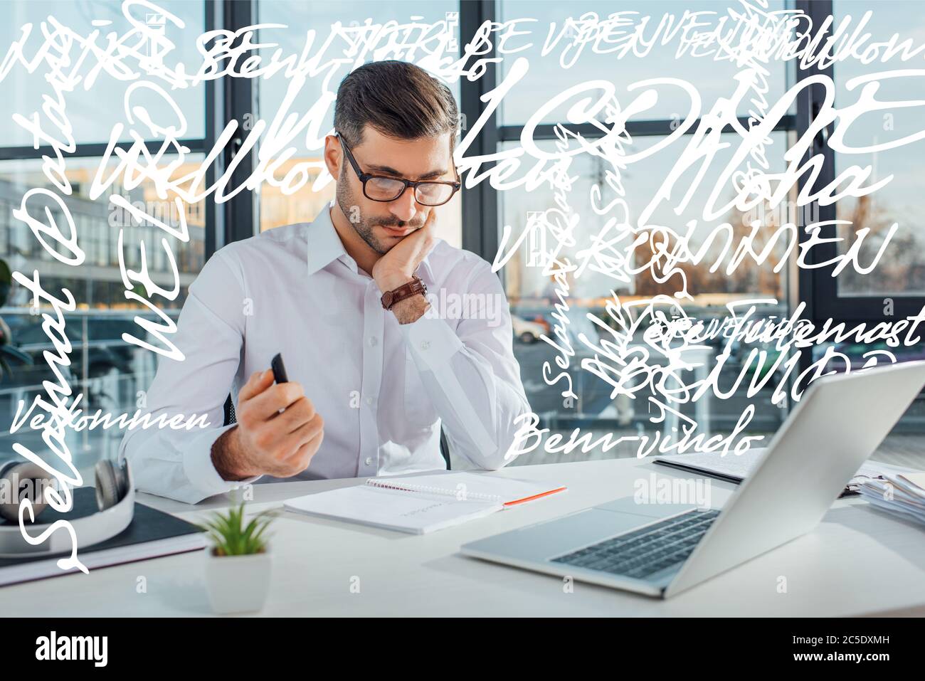 professional translator in eyeglasses working online with laptop ...