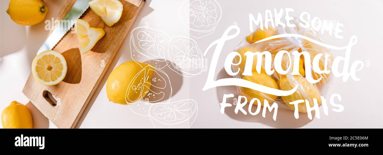 collage with cutted lemons on wooden board and whole lemons in plastic ...