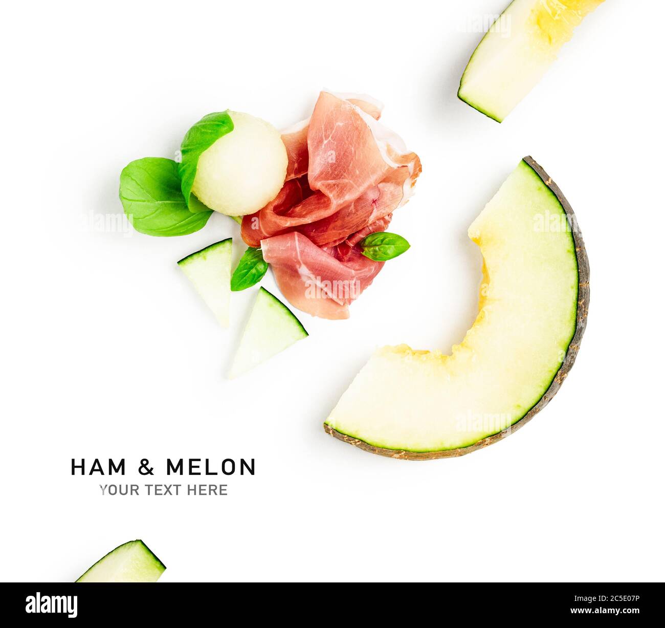 Ham prosciutto with melon creative layout isolated on white background. Fine meat and healthy eating, food concept. Composition and design element. To Stock Photo