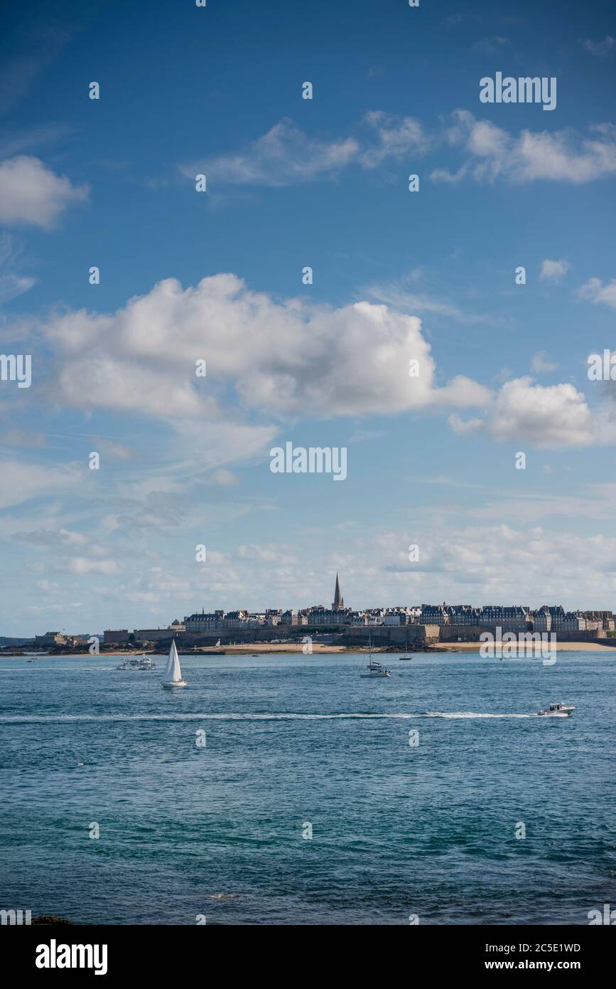 Distant view of walled city of St Malo seen from Dinard, Brittany, France Stock Photo