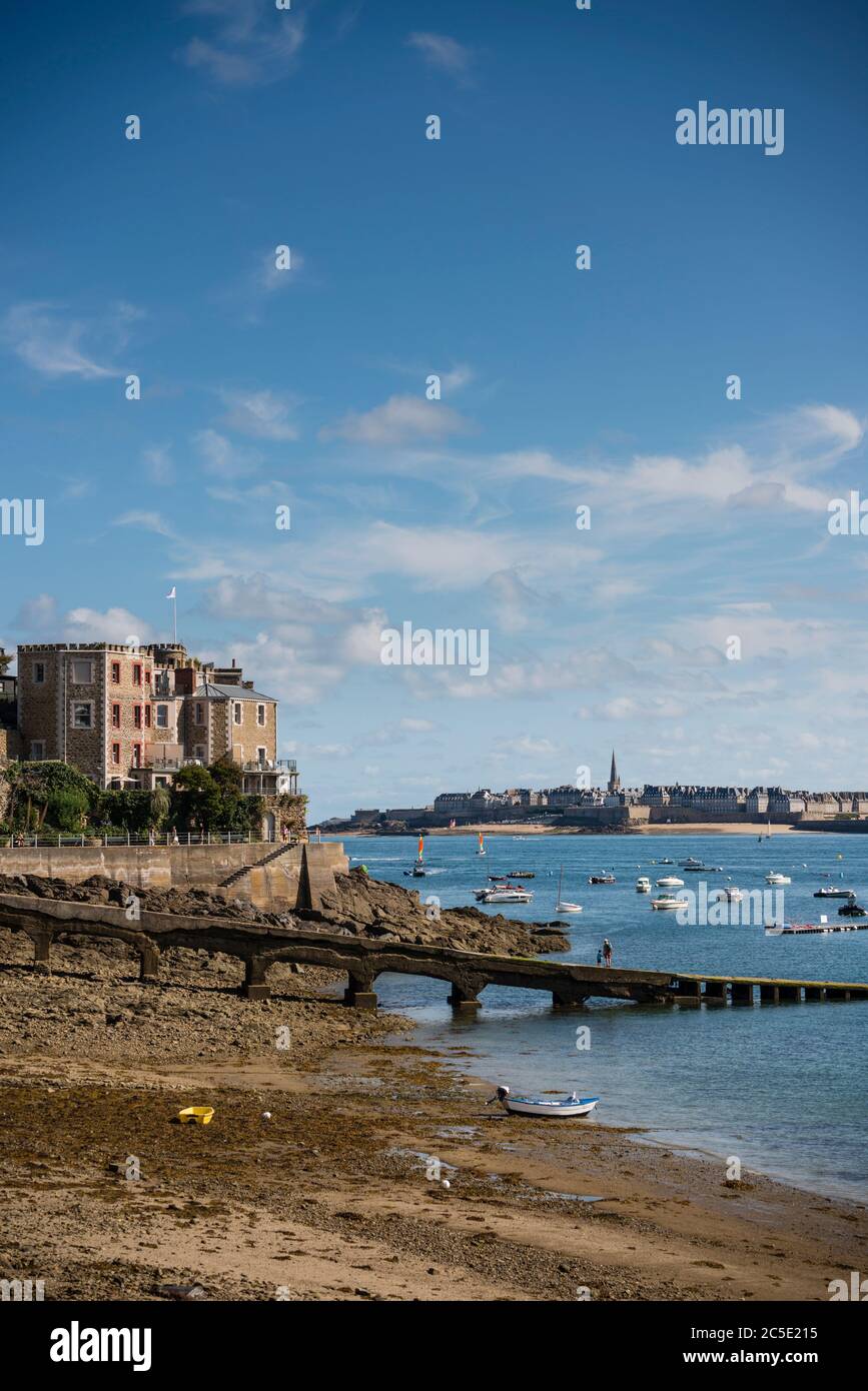 Distant view of walled city of St Malo seen from Dinard, Brittany, France Stock Photo