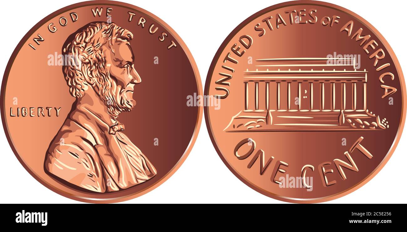 American money Lincoln Memorial cent, United States one cent or penny, coin with President Abraham Lincoln on obverse and Lincoln Memorial on reverse Stock Vector