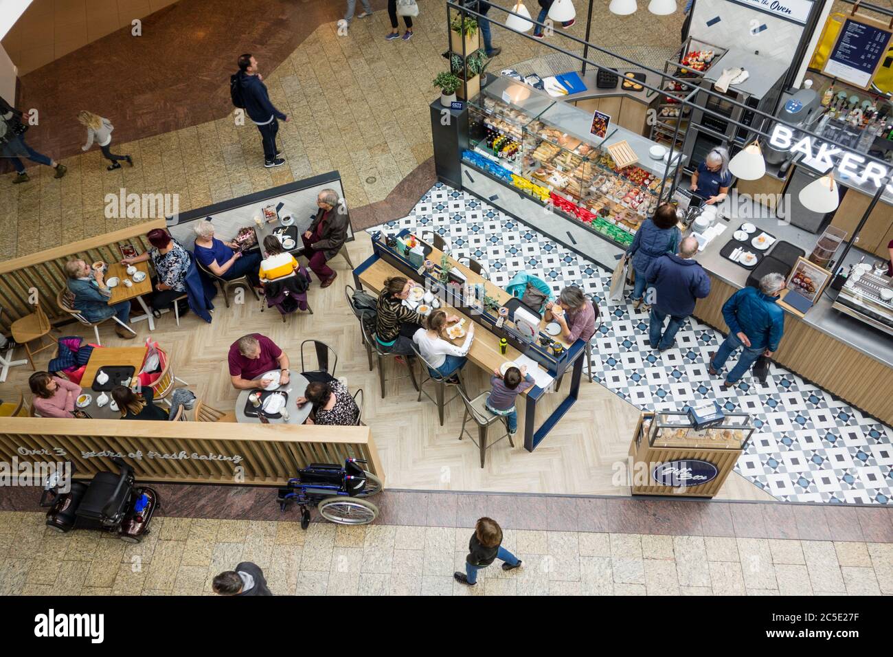 Bird's eye view of cafe in the Mall at Cribbs Causeway, Bristol, UK