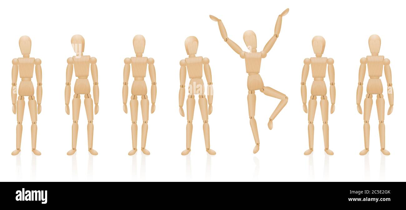 Be different. Unique, motivated, singular, happy character jumping out of an ordinary group of motionless, dull and listless figures. Stock Photo
