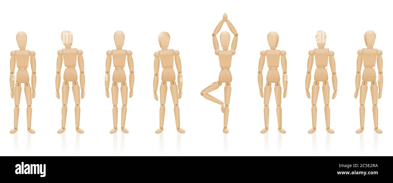 Yoga posing figure among ordinary, motionless, dull and listless figures. Be different, unique, relaxed, serene, calm and happy. Stock Photo