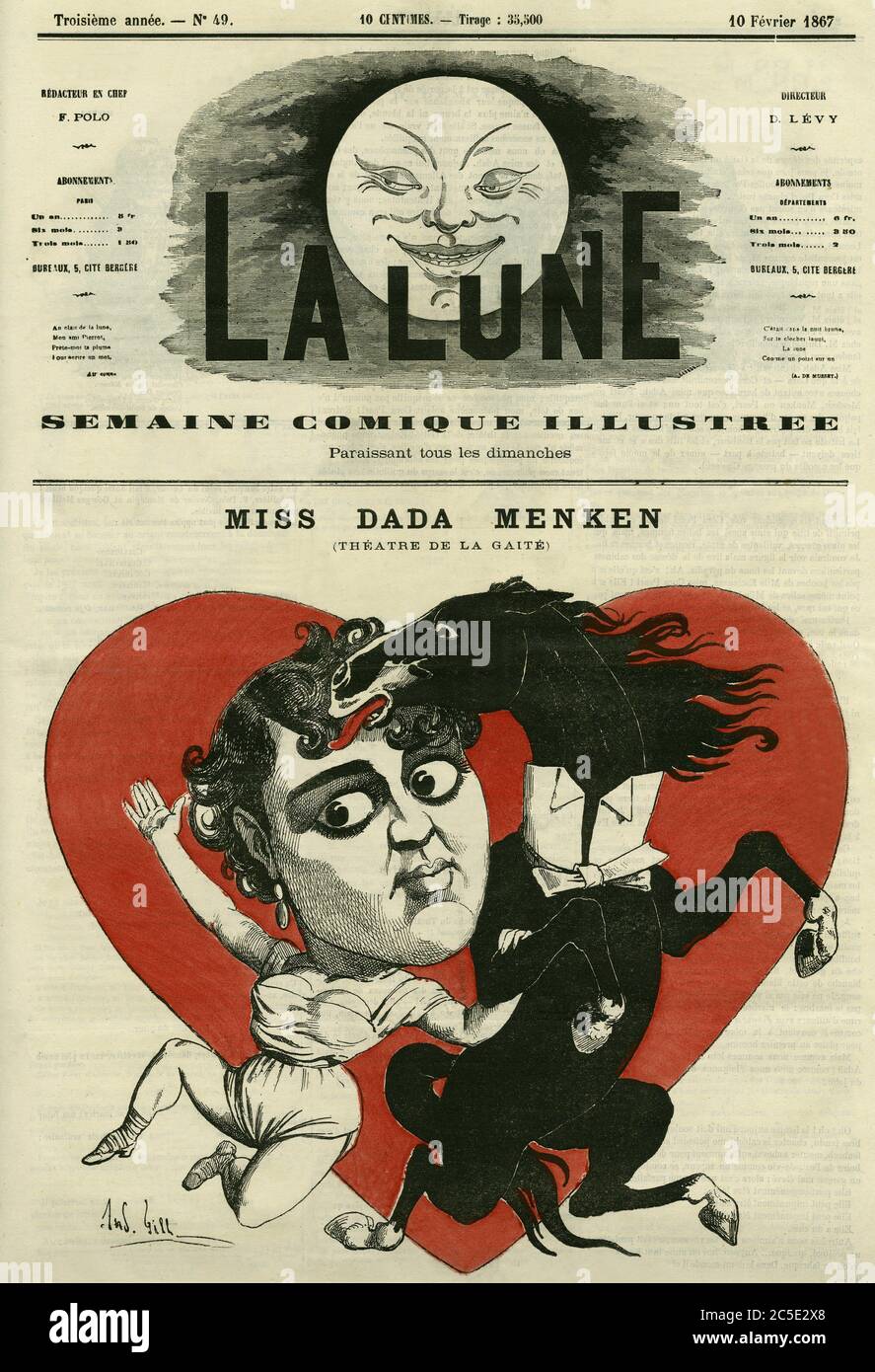 Portrait de Miss Adah-Isaacs Menken, chanteuse au theatre de la Gaite a Paris. Caricature par Gill, in 'La Lune', le 10 fevrier 1867. Stock Photo