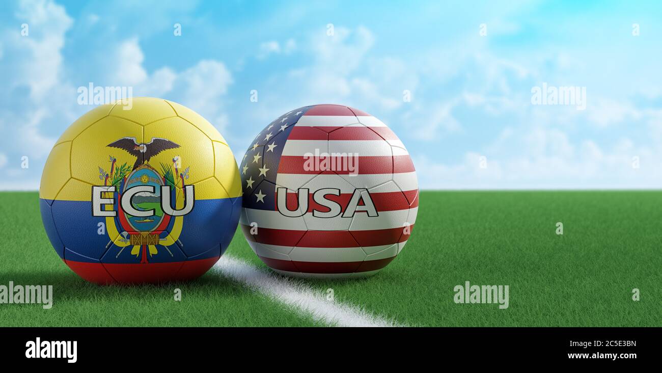 Ecuador vs. USA Soccer Match - Soccer balls in Ecuador and USA national colors on a soccer field. Copy space on the right side - 3D Rendering Stock Photo