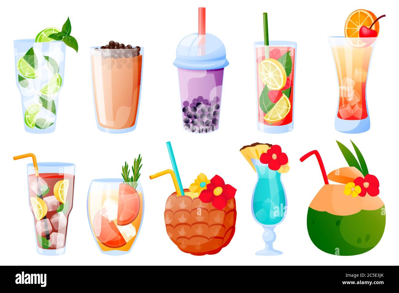 Summer tropical drinks collection, isolated on white background. Vector cartoon illustration. Bubble tea, lemonade, alcoholic and nonalcoholic cocktai Stock Vector