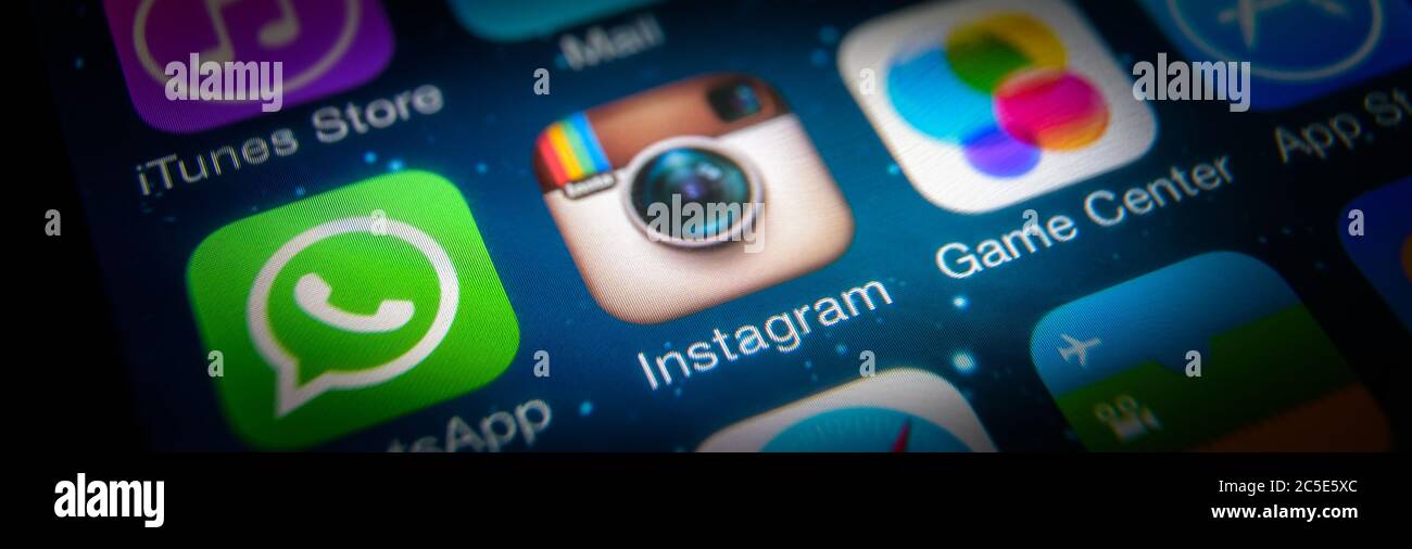 Moscow - March 11, 2019: Instagram logo on IPhone screen close-up. Application icon of Instagram social media on smartphone, macro view. Instagram and Stock Photo