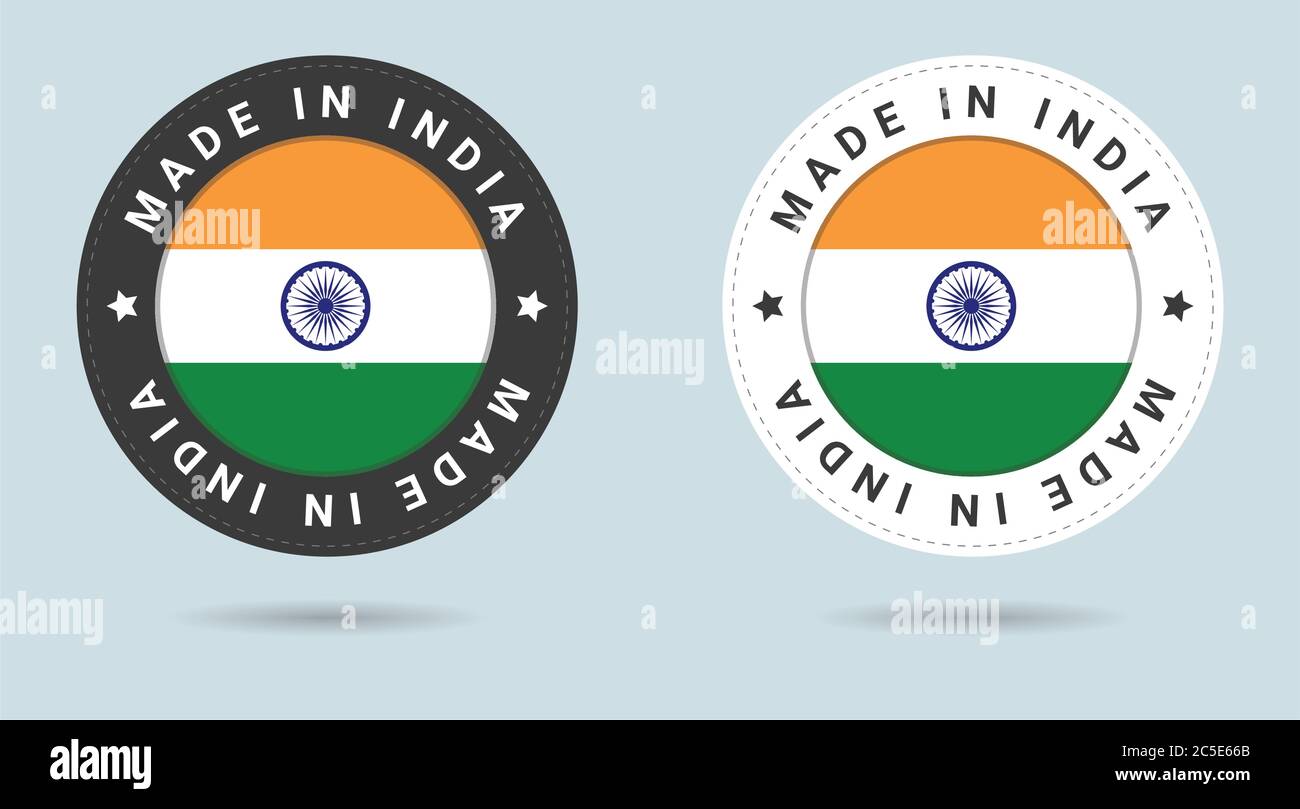 Set of two Indian stickers. Made in India. Simple icons with flags