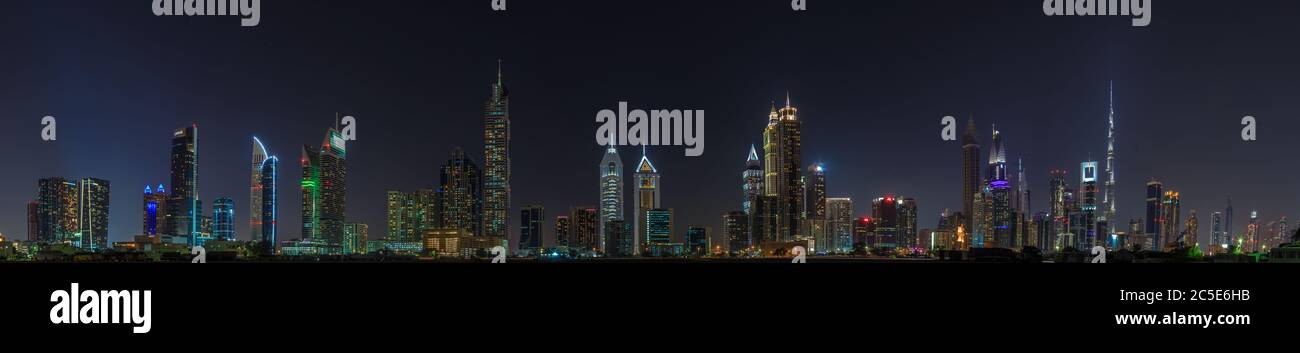 Night panorama picture of Dubai skyline in spring Stock Photo