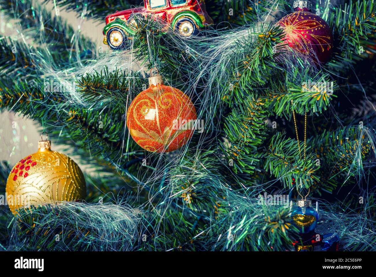 Merry Christmas and Happy New Year. Christmas tree decoration closeup. Stock Photo