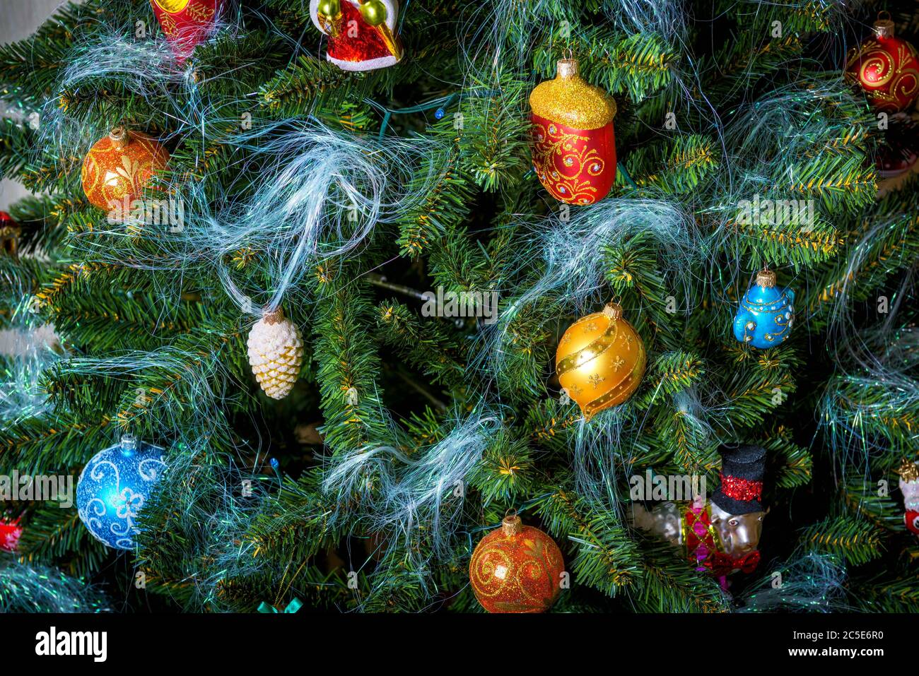 Merry Christmas and Happy New Year. Christmas tree decoration background. Stock Photo