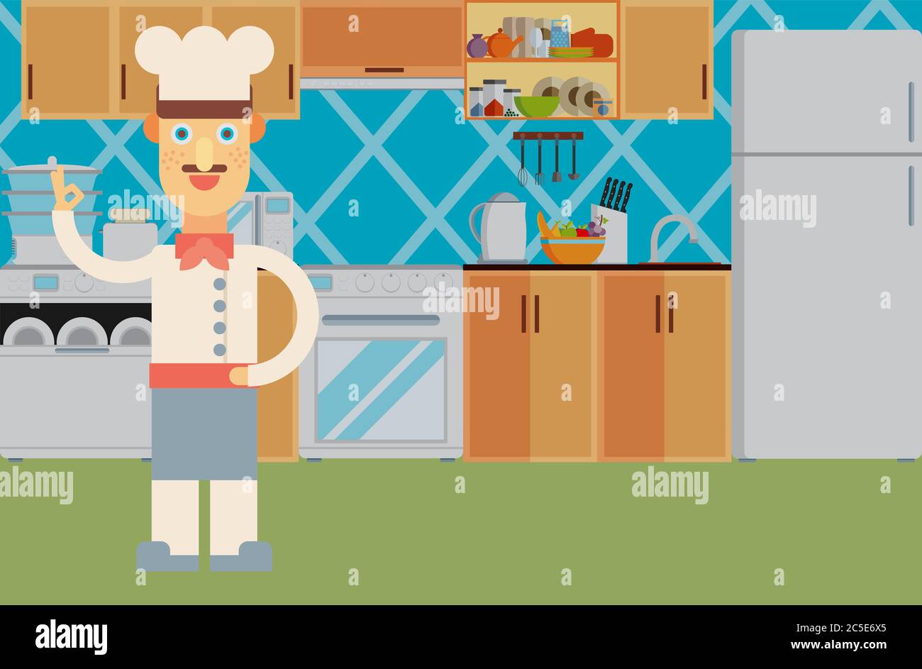 Happy chef at the kitchen interior. Flat illustration. Stock Vector