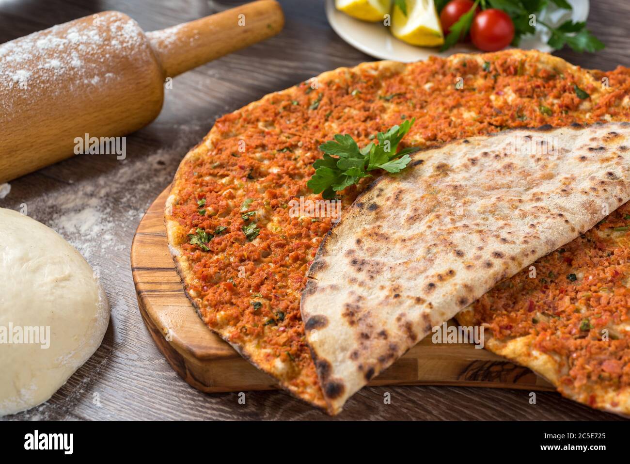 Delicious Turkish Pizza Lahmacun. This Lahmacun is tasty and delicious Stock Photo