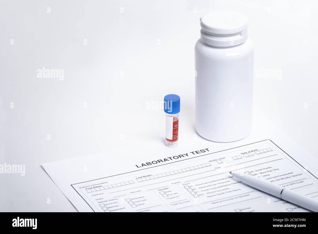 Form to fill in with results of blood test in tube, pen and drug bottle