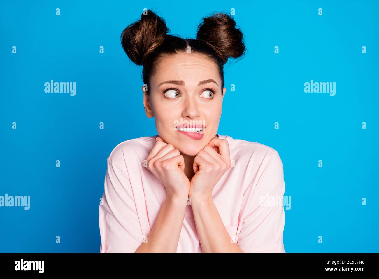 Closeup photo of attractive pretty crazy frightened expression lady two ...