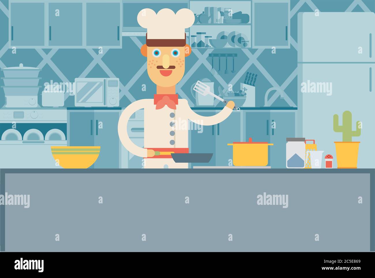 Happy chef at the kitchen interior. Flat illustration. Stock Vector