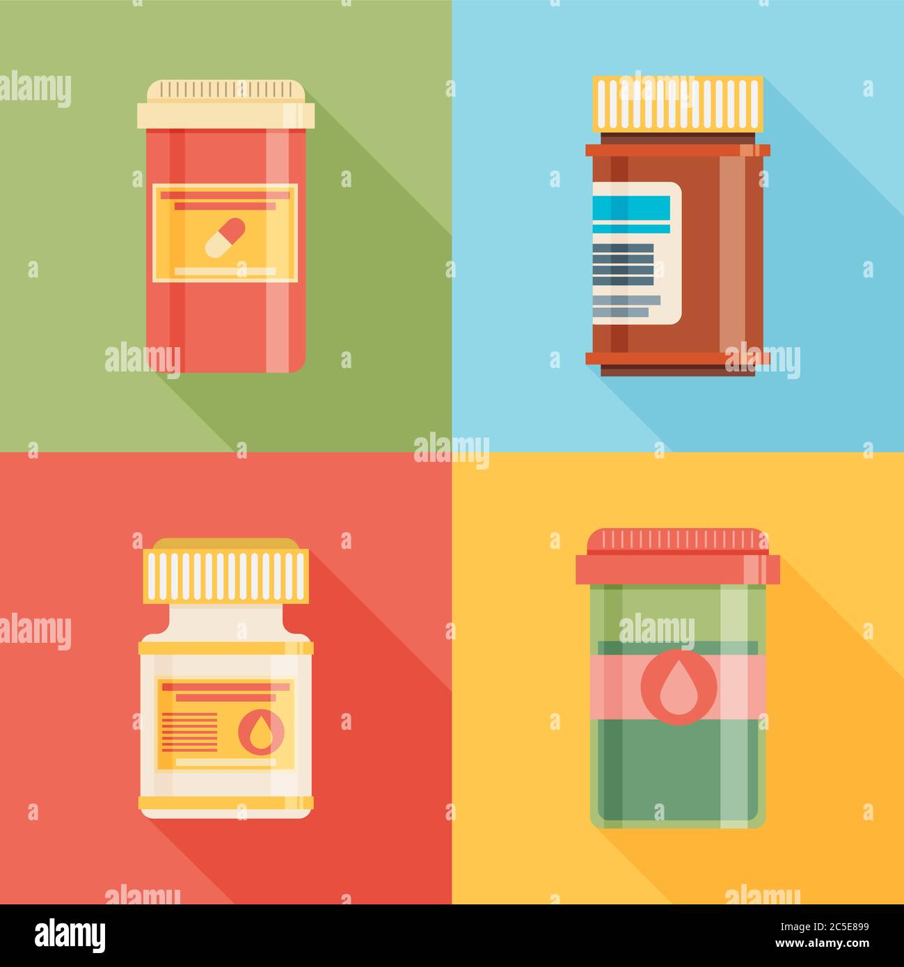 Pill bottles with various pills and capsules. Stock Vector