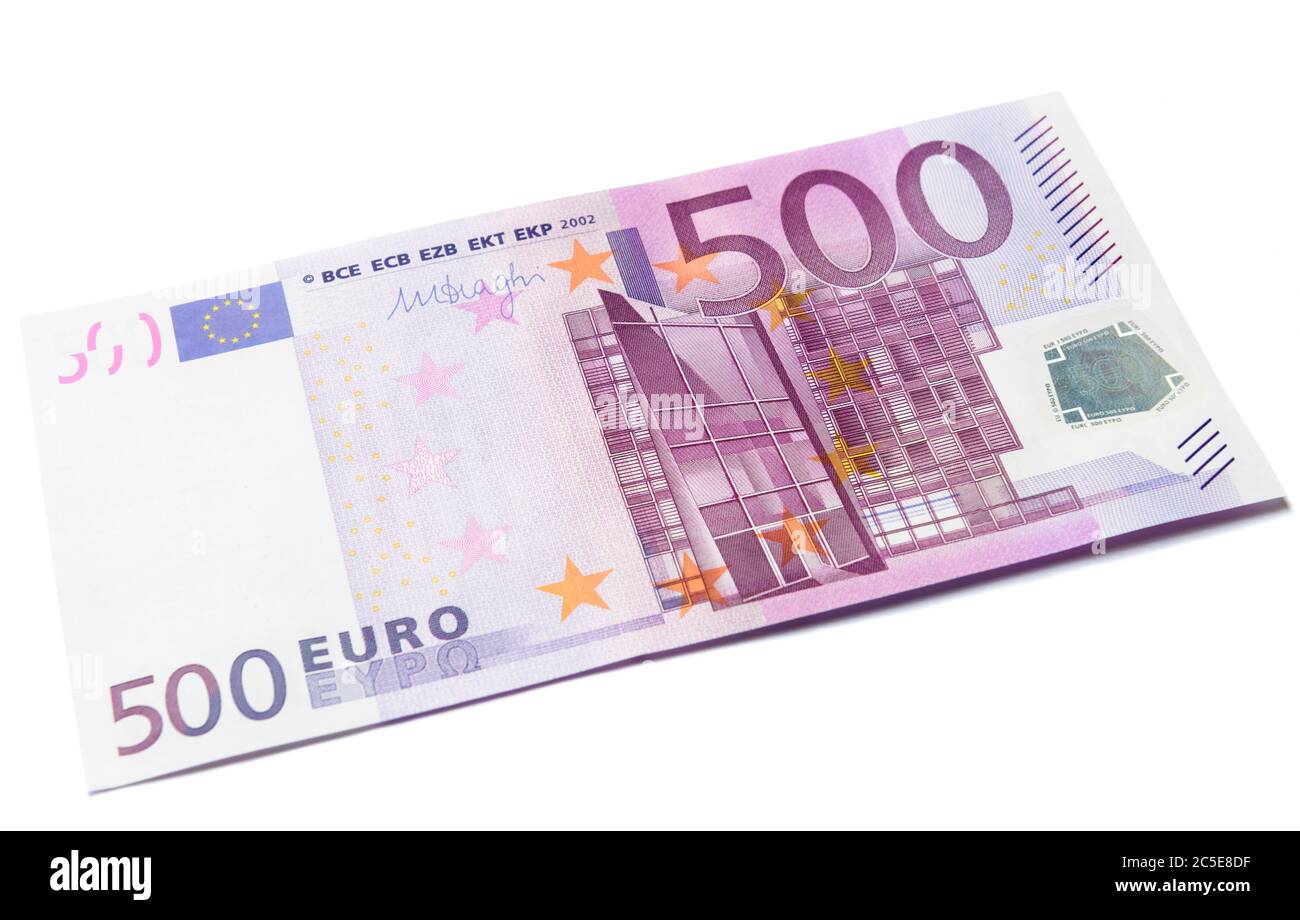 500 euro money banknote isolated on a white background. Five hundred note of European Union currency. One bill of euro money cash. Stock Photo