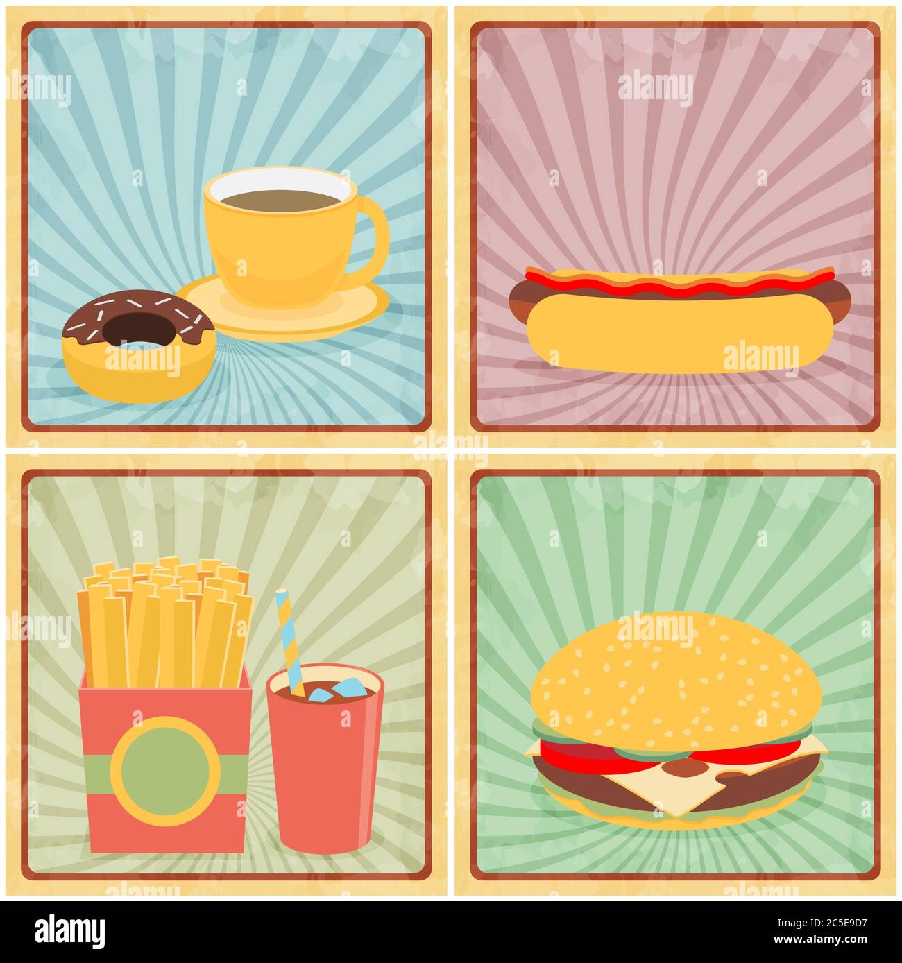 Fast junk food icons flat set on retro background Stock Vector Image ...