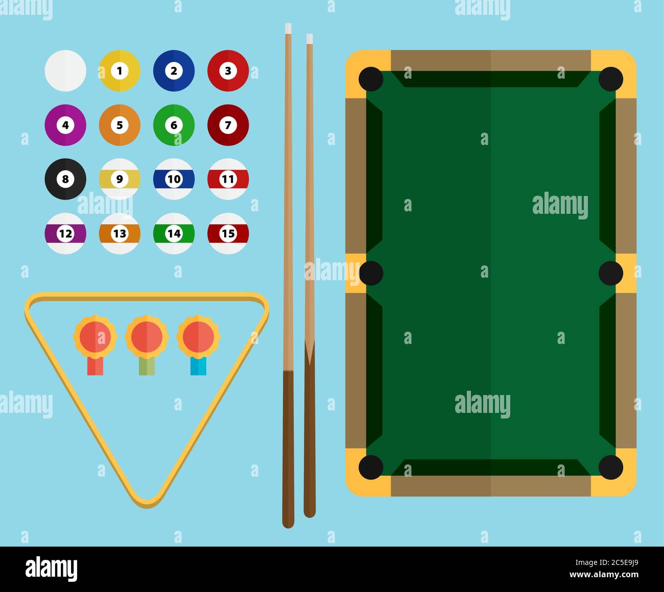 Billiards flat illustration. Billiards pool game accessories Stock