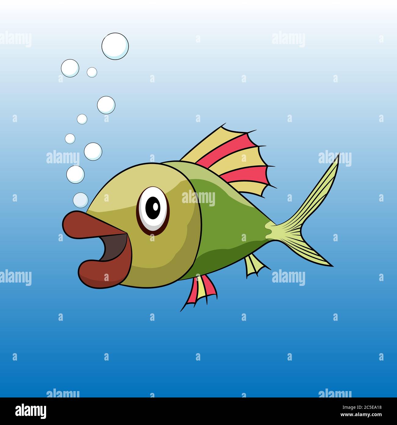 Cute colorful cartoon tropical fish vector illustration. Ocean bright cartoon fish with bubbles of air and seaweed close to it under the water. Stock Vector