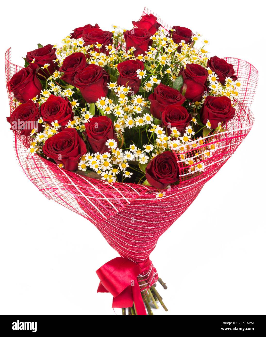 Bouquet of red roses and daisies isolated on white background Stock Photo