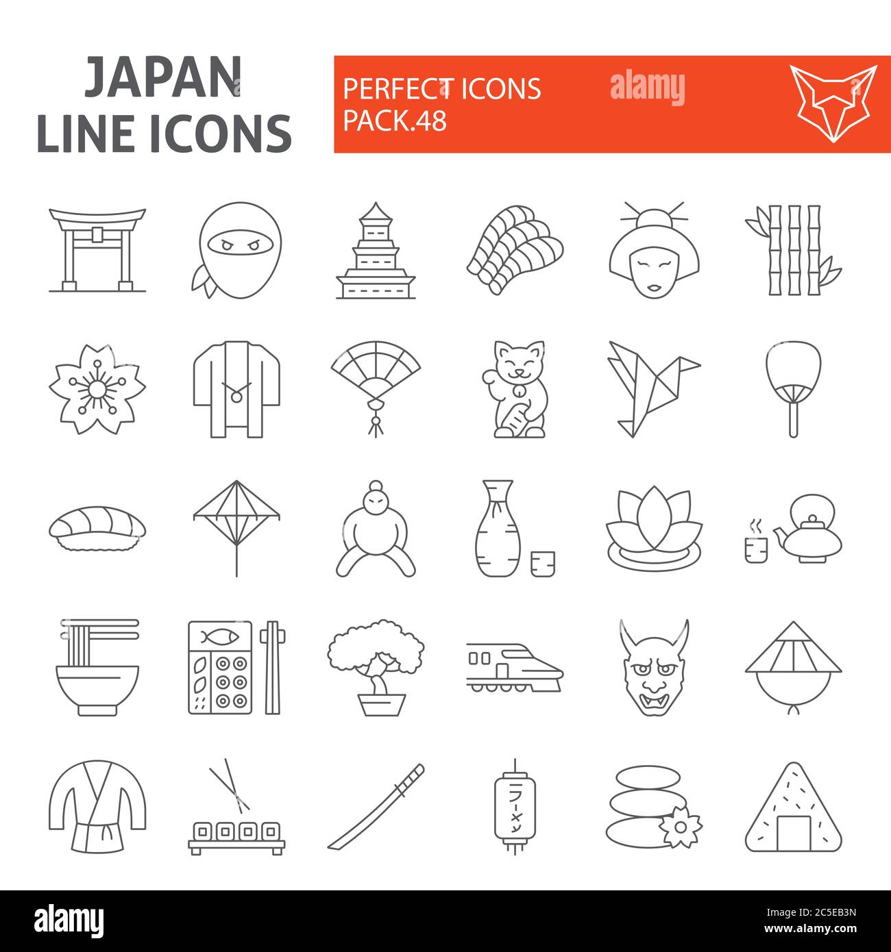 Japan thin line icon set, japanese food symbols collection, vector sketches, logo illustrations, asian culture signs linear pictograms package Stock Vector