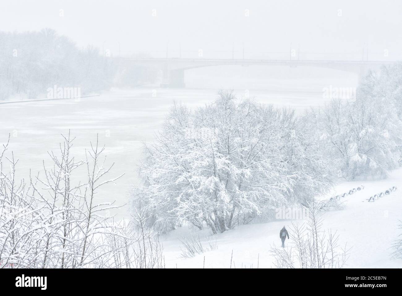 Winter landscape, Moscow, Russia. Man walks in the park near icy Moskva River during snowfall. Winter nature background. Scenic view of a snowy beach Stock Photo