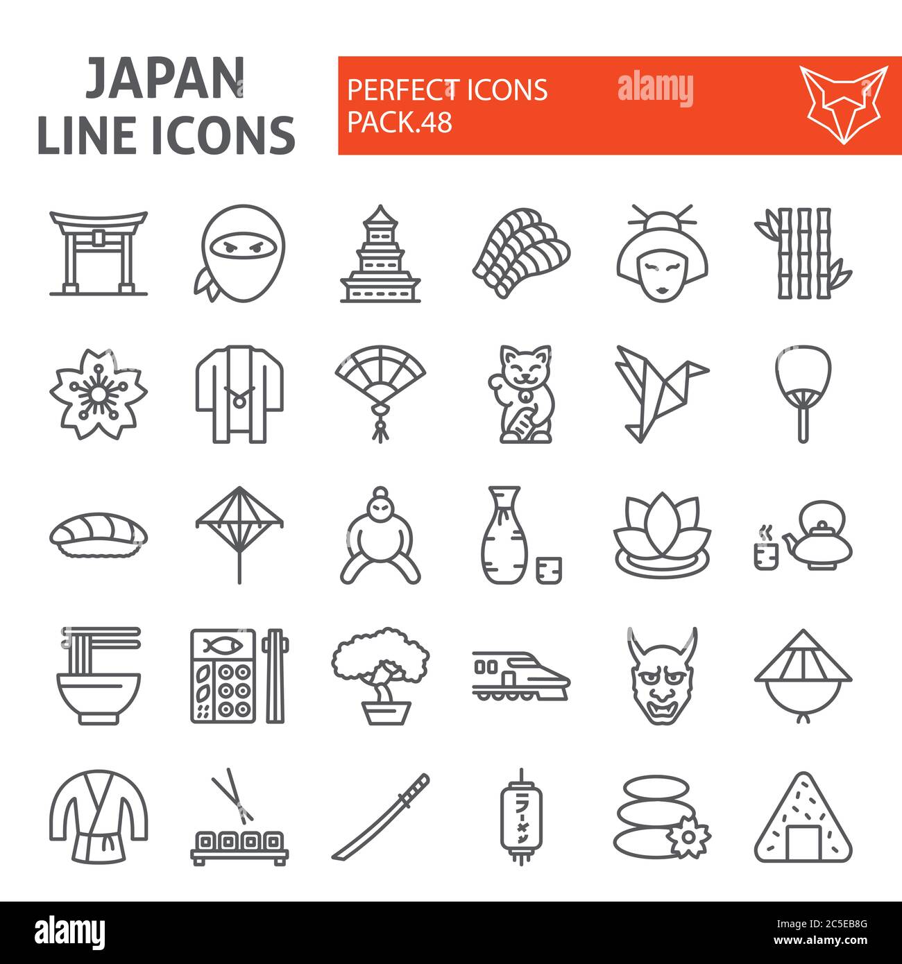 Japan line icon set, japanese food symbols collection, vector sketches, logo illustrations, asian culture signs linear pictograms package isolated on Stock Vector