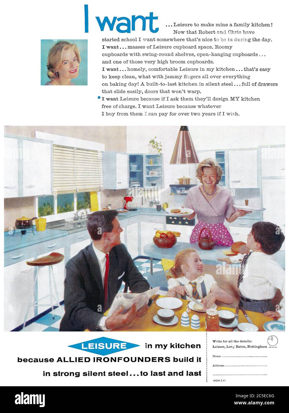 1960 British advertisement for Allied Ironfounders fitted kitchens. Stock Photo